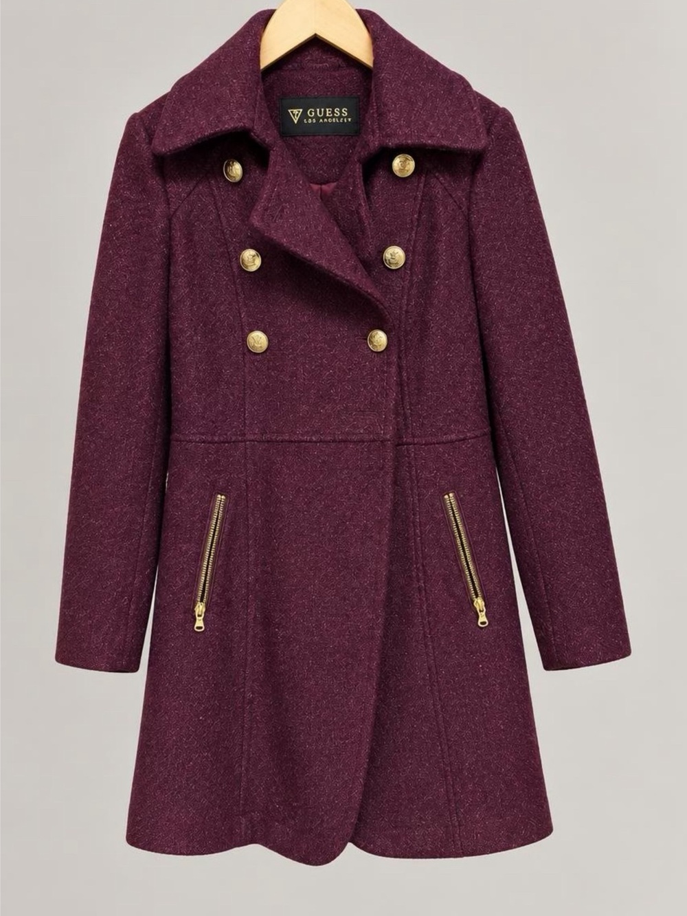 GUESS Women's Burgundy Double-Breasted Pea Coat with Gold Buttons
